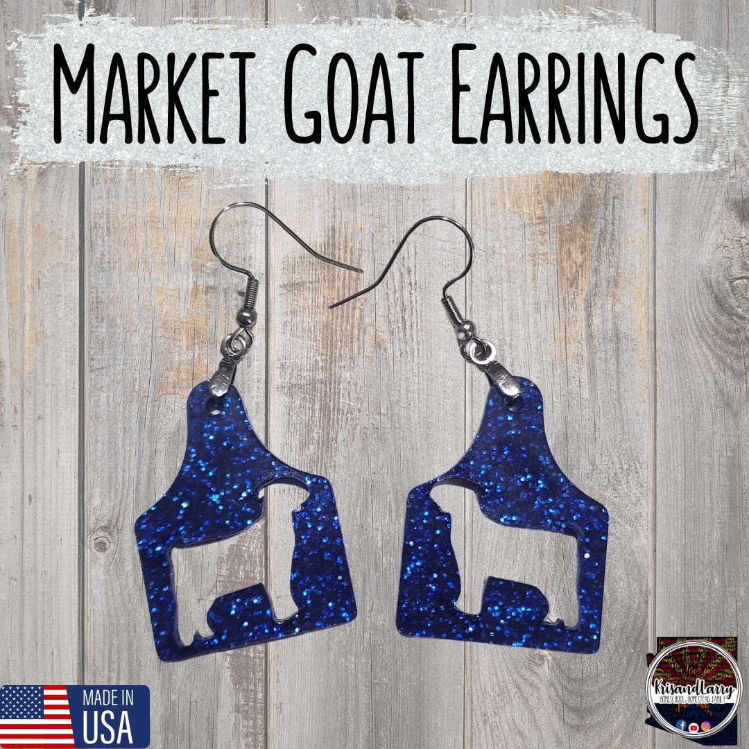 Blue Glitter Acrylic Livestock Tag Earrings – Lightweight Show Animal Jewelry – 4H FFA Gift – Farm Girl Style – Goat, Pig, Steer, Lamb,