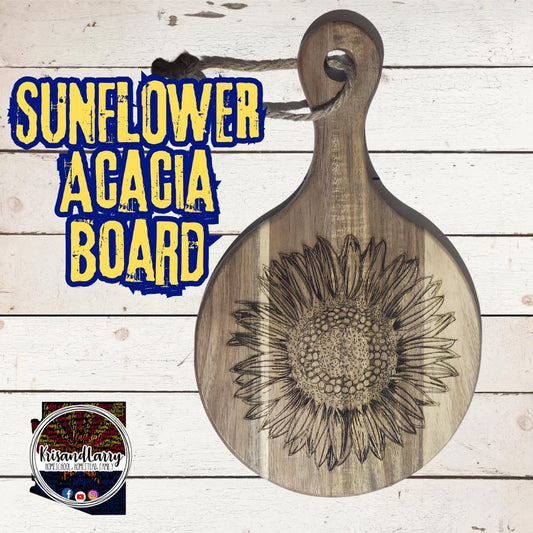 Sunflower Acacia Cutting Board with Handle | Round Rustic Farmhouse Charcuterie Board | Hand-Drawn Floral Art | KrisandLarry