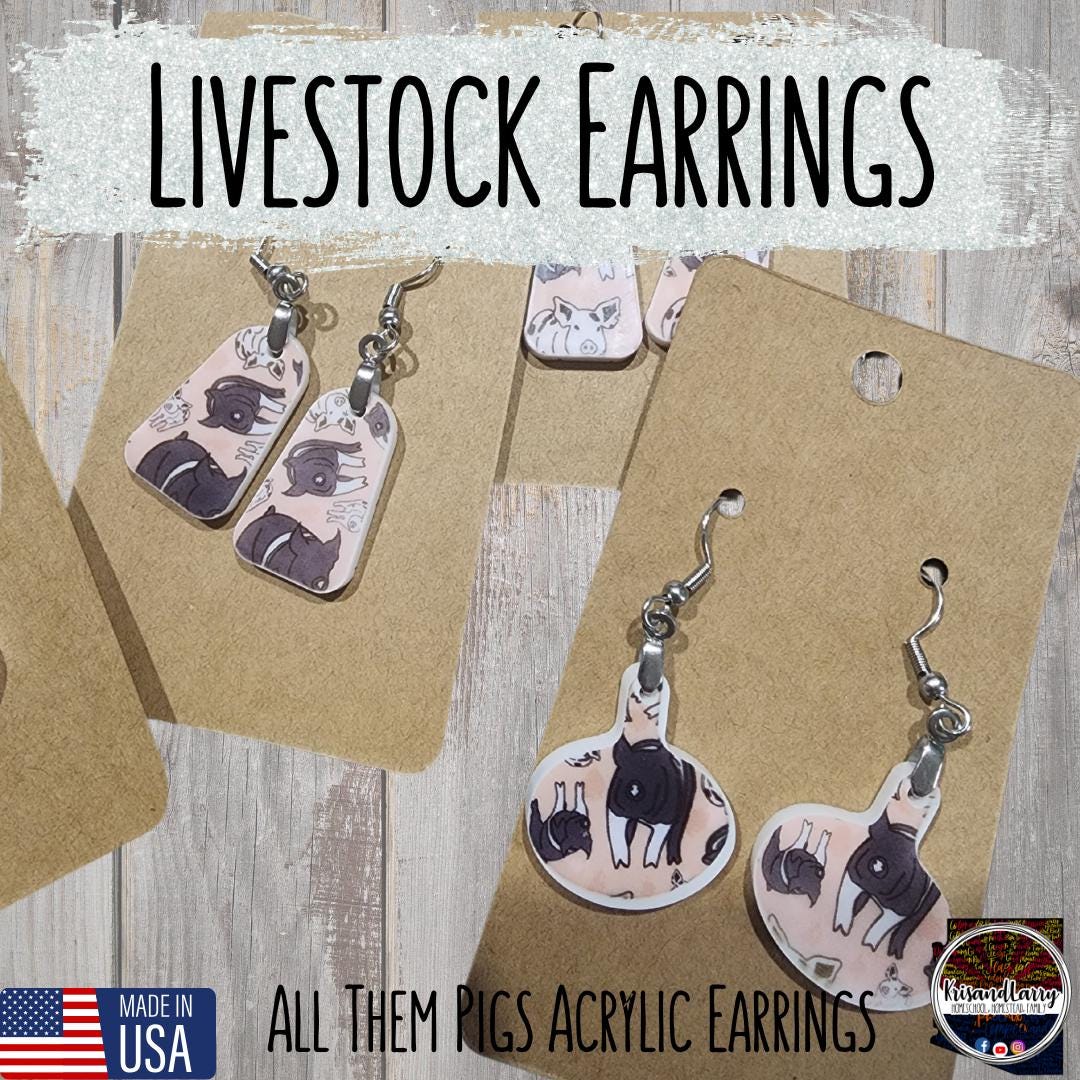 Pig Print Acrylic Earrings – Bell & Round Tag Shapes – Lightweight, 1" Long – “All Them Pigs” Design – Nickel-Free Hooks