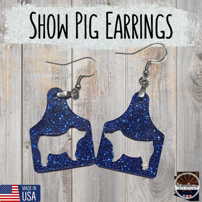 Blue Glitter Acrylic Livestock Tag Earrings – Lightweight Show Animal Jewelry – 4H FFA Gift – Farm Girl Style – Goat, Pig, Steer, Lamb,