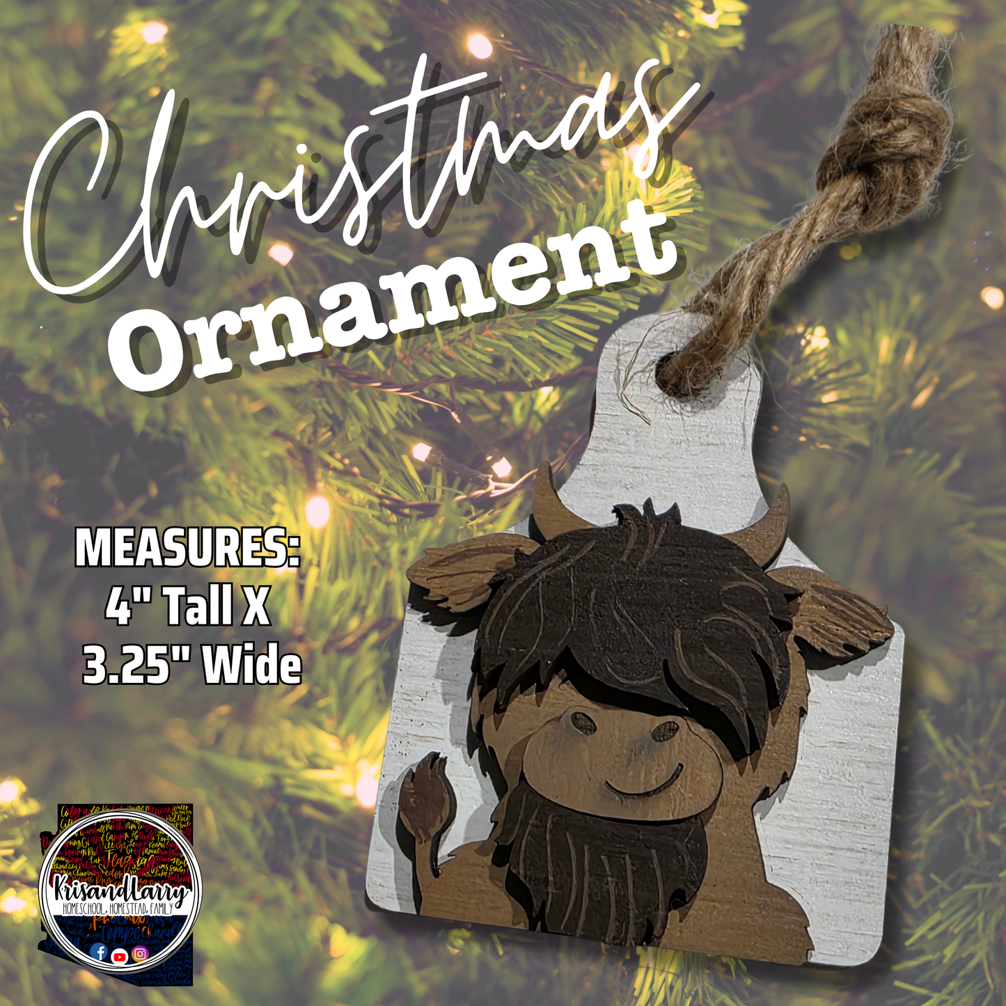Hand-Painted Highland Cow Christmas Ornament – Rustic Farmhouse Wooden Tag – Holiday Décor Made in Arizona