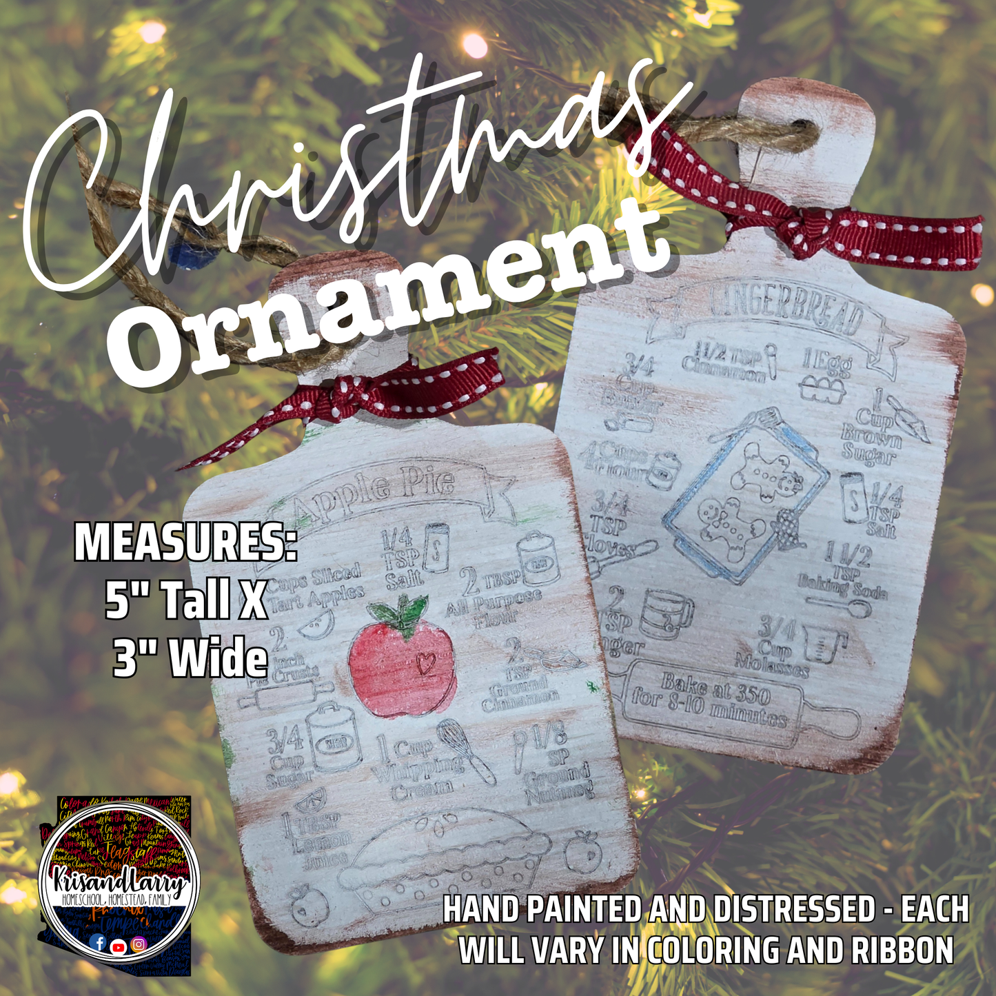 Hand-Painted Recipe Cutting Board Ornaments – Gingerbread, Sugar Cookies, Hot Cocoa & Apple Pie – Etched Rustic Farmhouse Christmas Décor – 5x3 Wood Tag