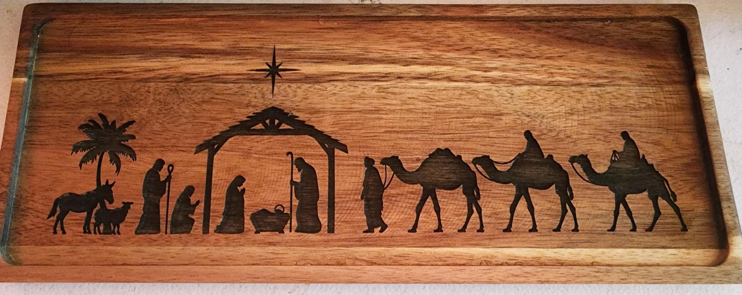 Nativity Acacia laser etched Tray for Christmas