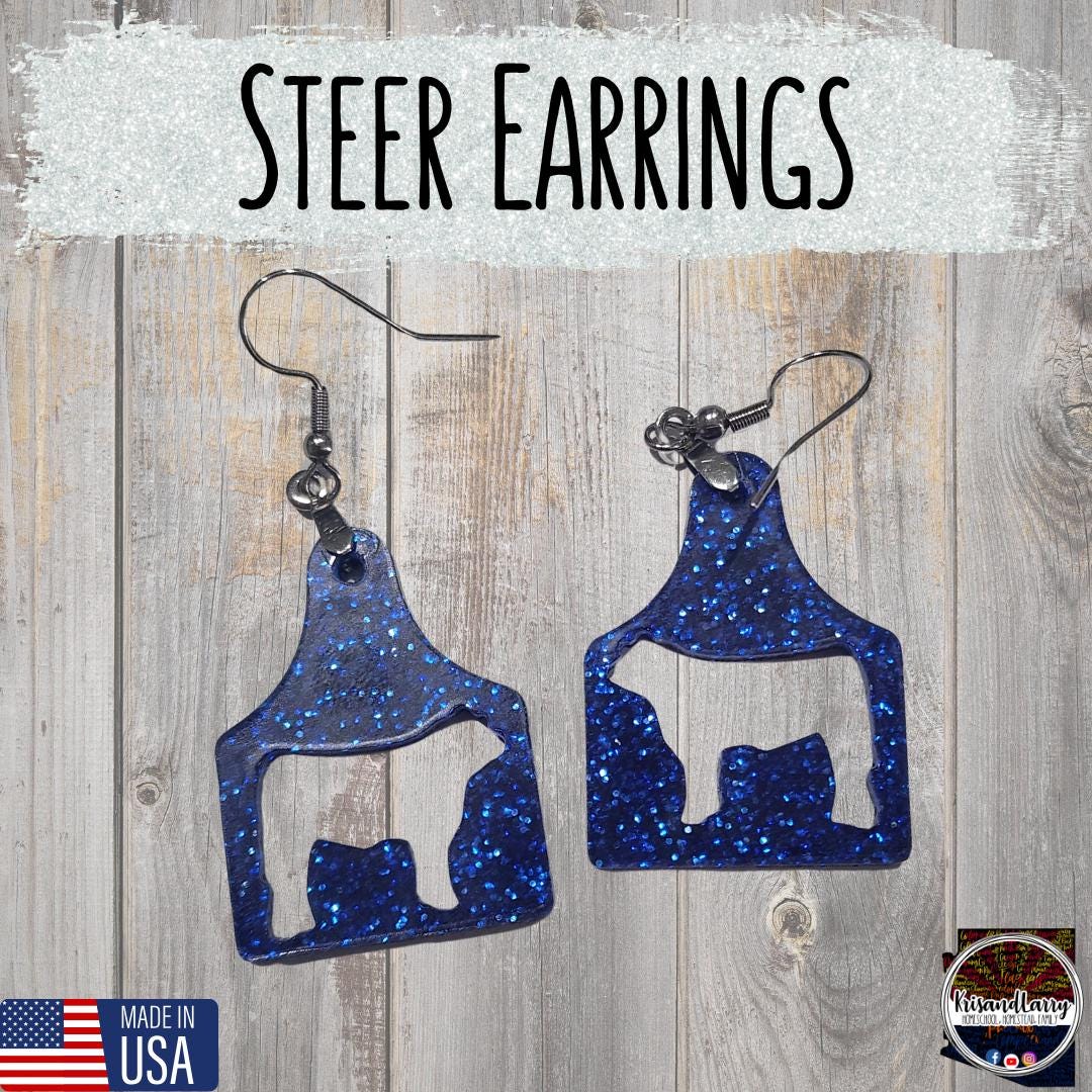 Blue Glitter Acrylic Livestock Tag Earrings – Lightweight Show Animal Jewelry – 4H FFA Gift – Farm Girl Style – Goat, Pig, Steer, Lamb,