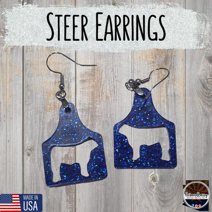 Blue Glitter Acrylic Livestock Tag Earrings – Lightweight Show Animal Jewelry – 4H FFA Gift – Farm Girl Style – Goat, Pig, Steer, Lamb,