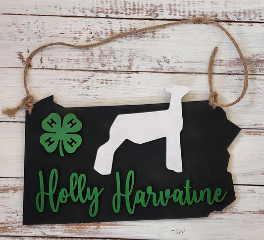Pennsylvania Stall Sign – Custom State Shaped Livestock Sign for 4H & FFA – Personalized Barn Sign for Steer, Pig, Goat, Lamb, Turkey