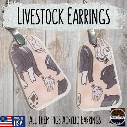 Pig Print Acrylic Earrings – Bell & Round Tag Shapes – Lightweight, 1" Long – “All Them Pigs” Design – Nickel-Free Hooks