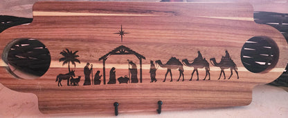 Nativity Acacia laser etched double handled cutting board for Fall, Christmas, original art