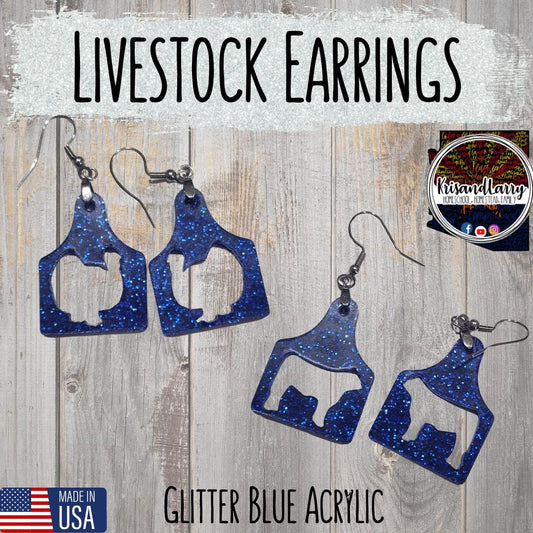 Blue Glitter Acrylic Livestock Tag Earrings – Lightweight Show Animal Jewelry – 4H FFA Gift – Farm Girl Style – Goat, Pig, Steer, Lamb,