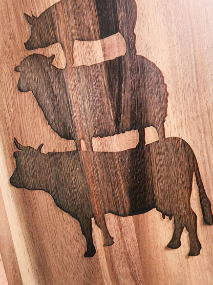 Rectangle Acacia laser etched Deviled Egg Board, 18 eggs, Platter, Cutting Board, Tray, farm stacked animals