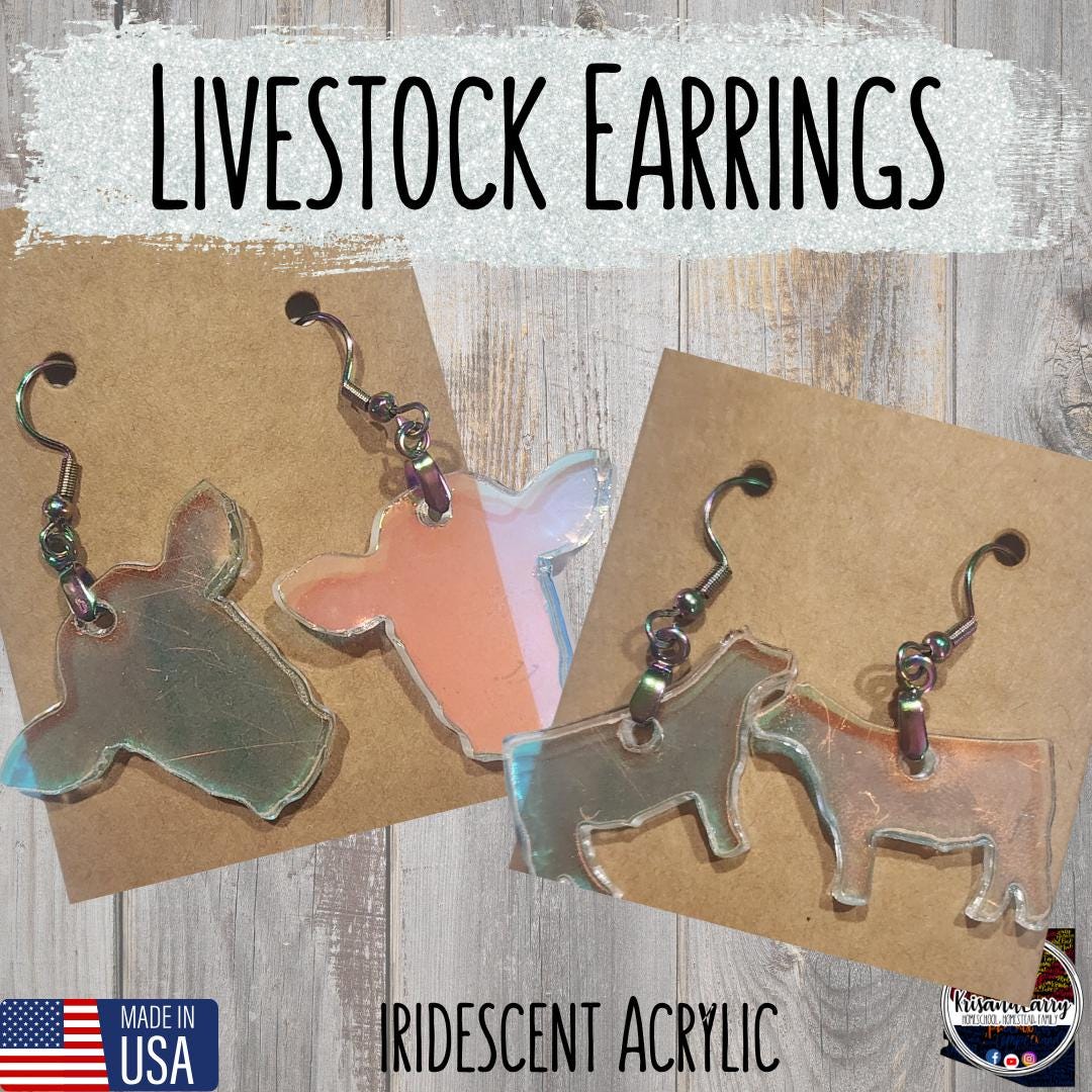 Iridescent Acrylic Farm Animal Earrings – Steer, Lamb, Pig, Goat, Cow Head, Ear Tag – 4H FFA Gift – Lightweight Livestock Jewelry