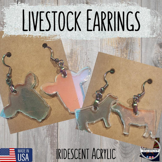 Iridescent Acrylic Farm Animal Earrings – Steer, Lamb, Pig, Goat, Cow Head, Ear Tag – 4H FFA Gift – Lightweight Livestock Jewelry