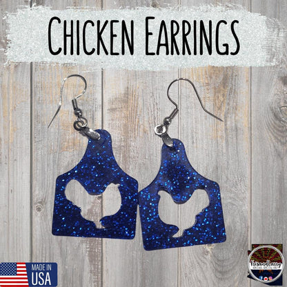 Blue Glitter Acrylic Livestock Tag Earrings – Lightweight Show Animal Jewelry – 4H FFA Gift – Farm Girl Style – Goat, Pig, Steer, Lamb,