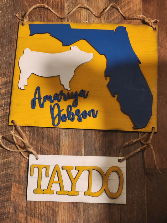 Florida Stall Sign – Custom State Shaped Livestock Tag for 4H & FFA – Personalized Barn Sign for Steer, Pig, Goat, Lamb, Turkey