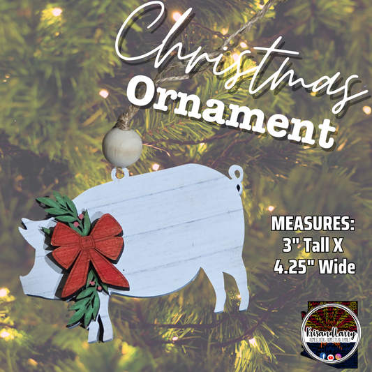 Shiplap Christmas Pig Ornament – Hand-Painted Farmhouse Décor – White with Greenery & Red Bow – Rustic Wood Ornament – 3x4.25 Country Christmas