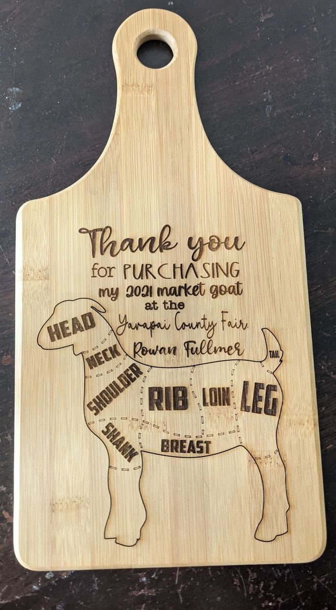 Custom Cutting Board (wine-bottle shaped)- Livestock Buyer's gift, Grandma's recipe - Goat, Steer, pig, lamb, turkey, chicken