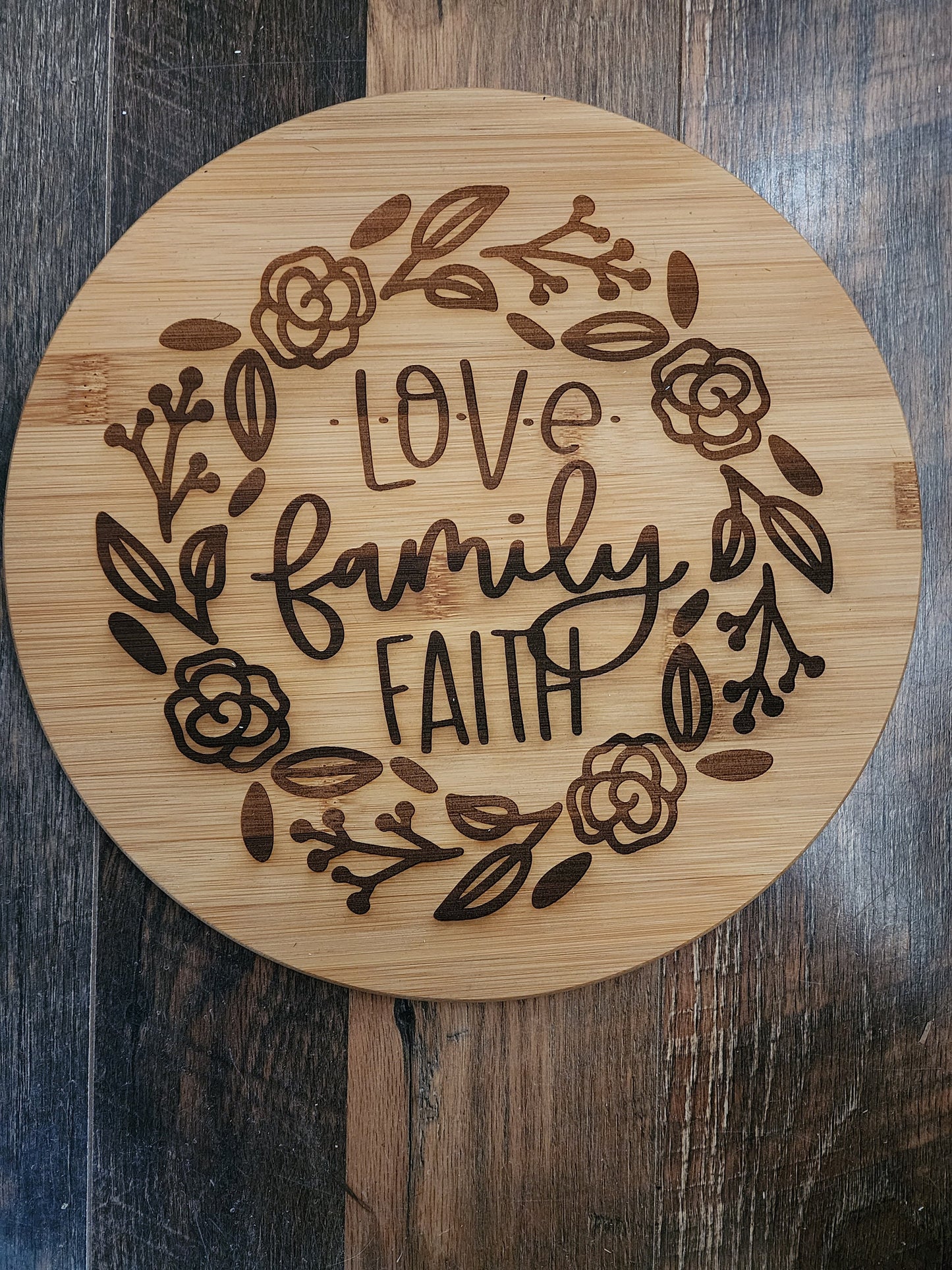 Love Family Faith bamboo round circle cutting board