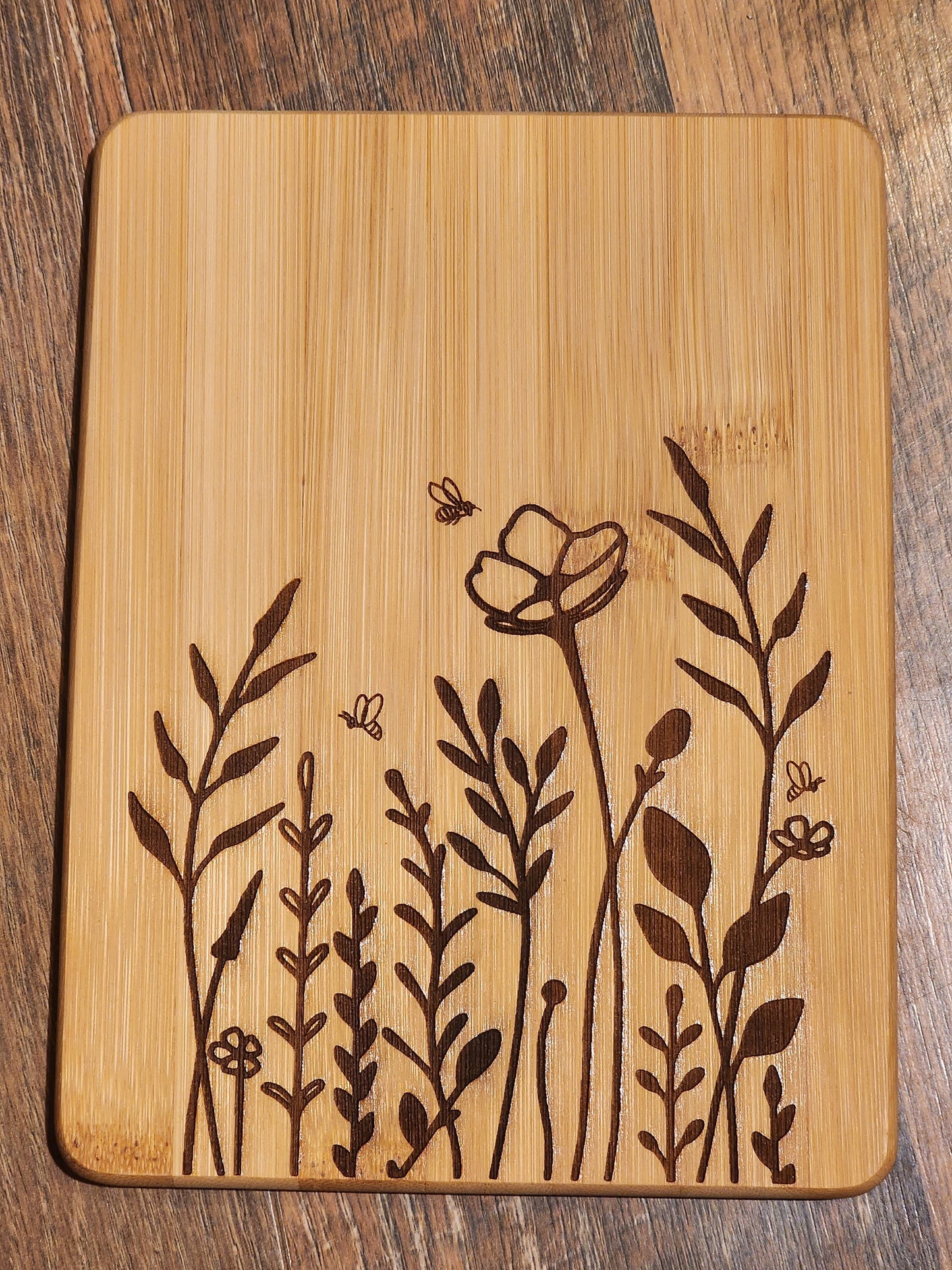 Wild Flower and Bees, western, country etched Bamboo Wood Cutting Board  - 8.75 x 6.875 inches