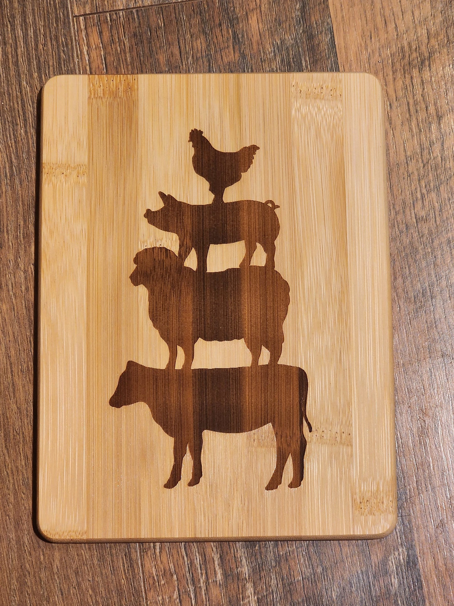 Stacked Farm Animals, Chicken, Pig, Lamb, Cow, western, country etched Bamboo Wood Cutting Board  - 8.75 x 6.875 inches