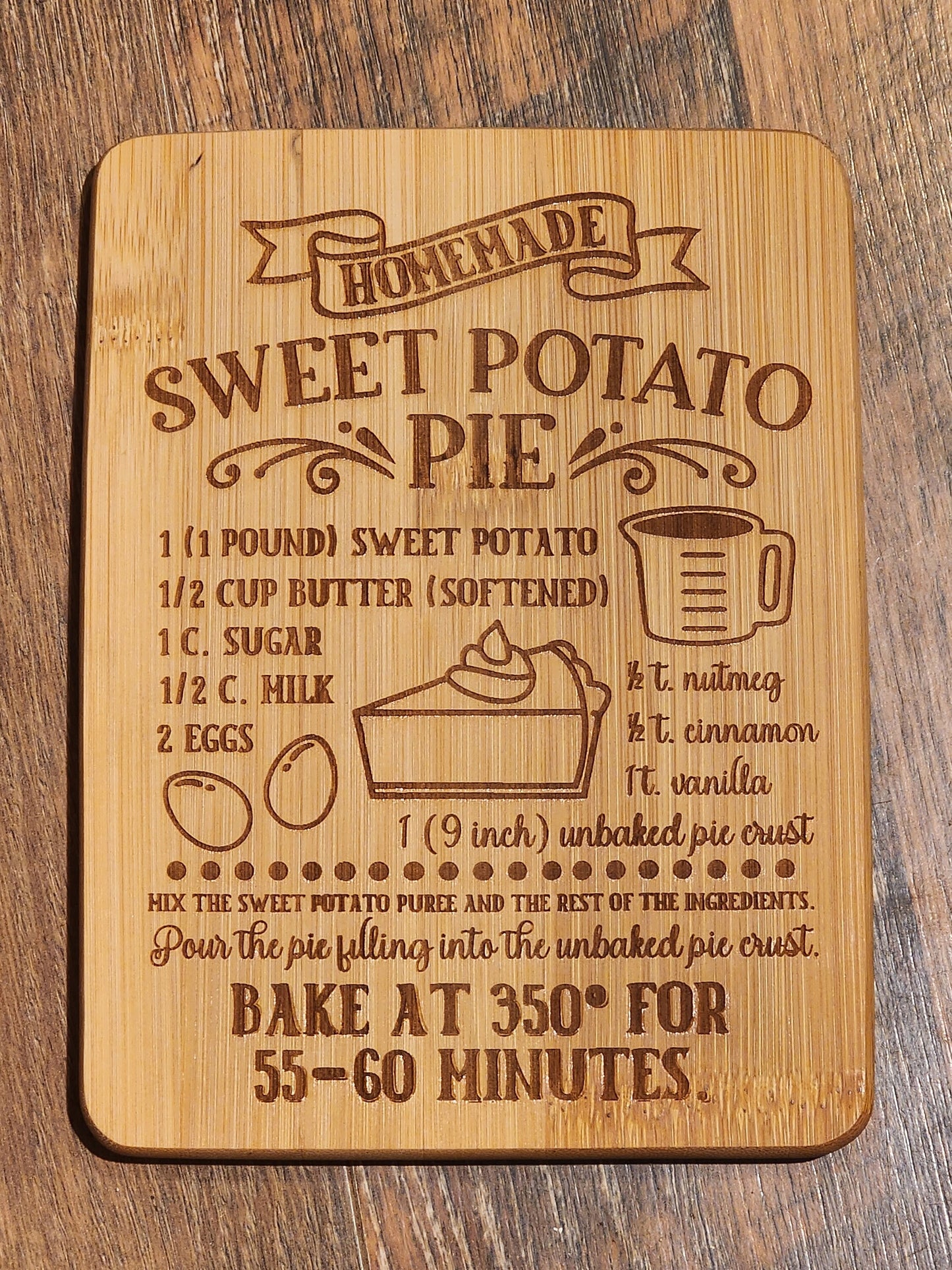 Sweet potato Pie Recipe, country etched Bamboo Wood Cutting Board  - 8.75 x 6.875 inches