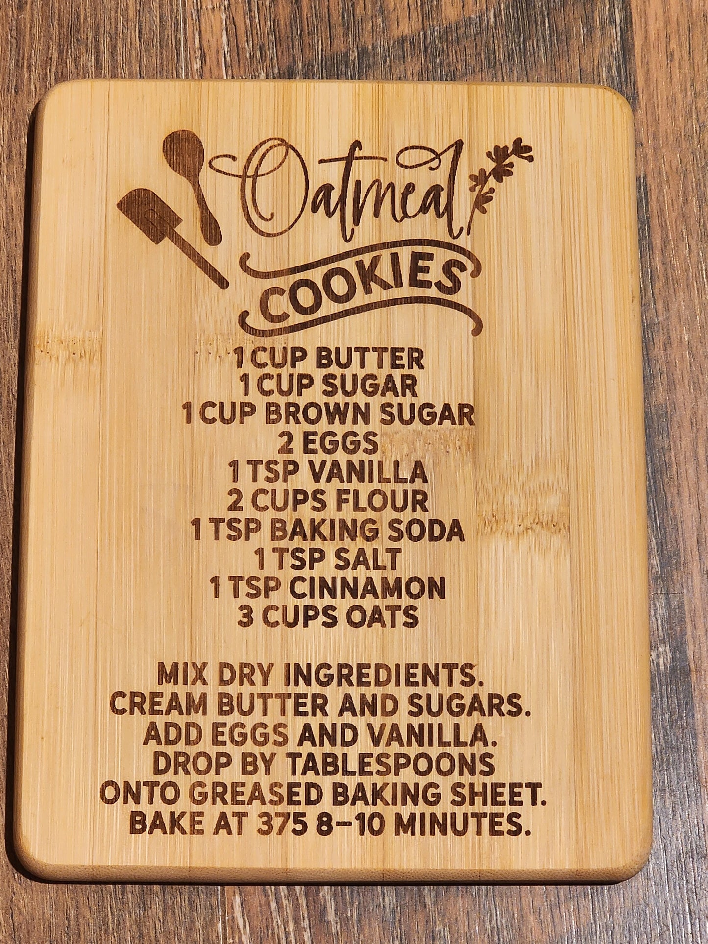 Oatmeal Cookie Recipe, country etched Bamboo Wood Cutting Board  - 8.75 x 6.875 inches