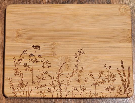 wildflowers, country etched Bamboo Wood Cutting Board  - 8.75 x 6.875 inches