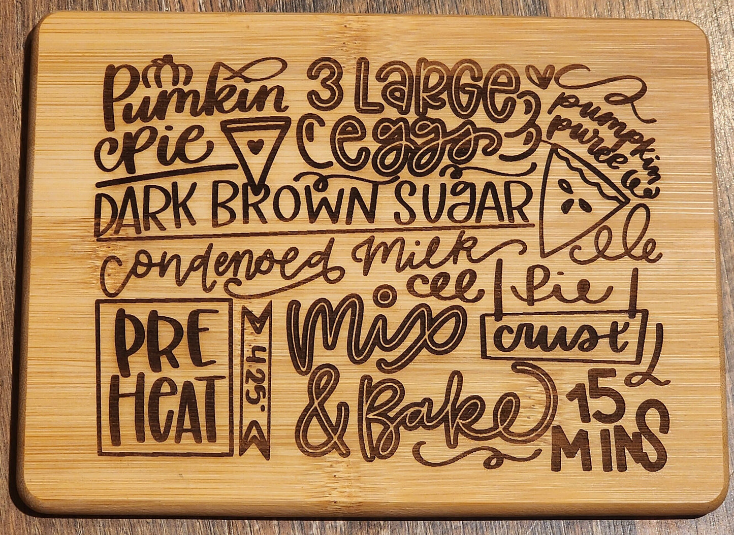 Pumpkin Pie Recipe, country etched Bamboo Wood Cutting Board  - 8.75 x 6.875 inches