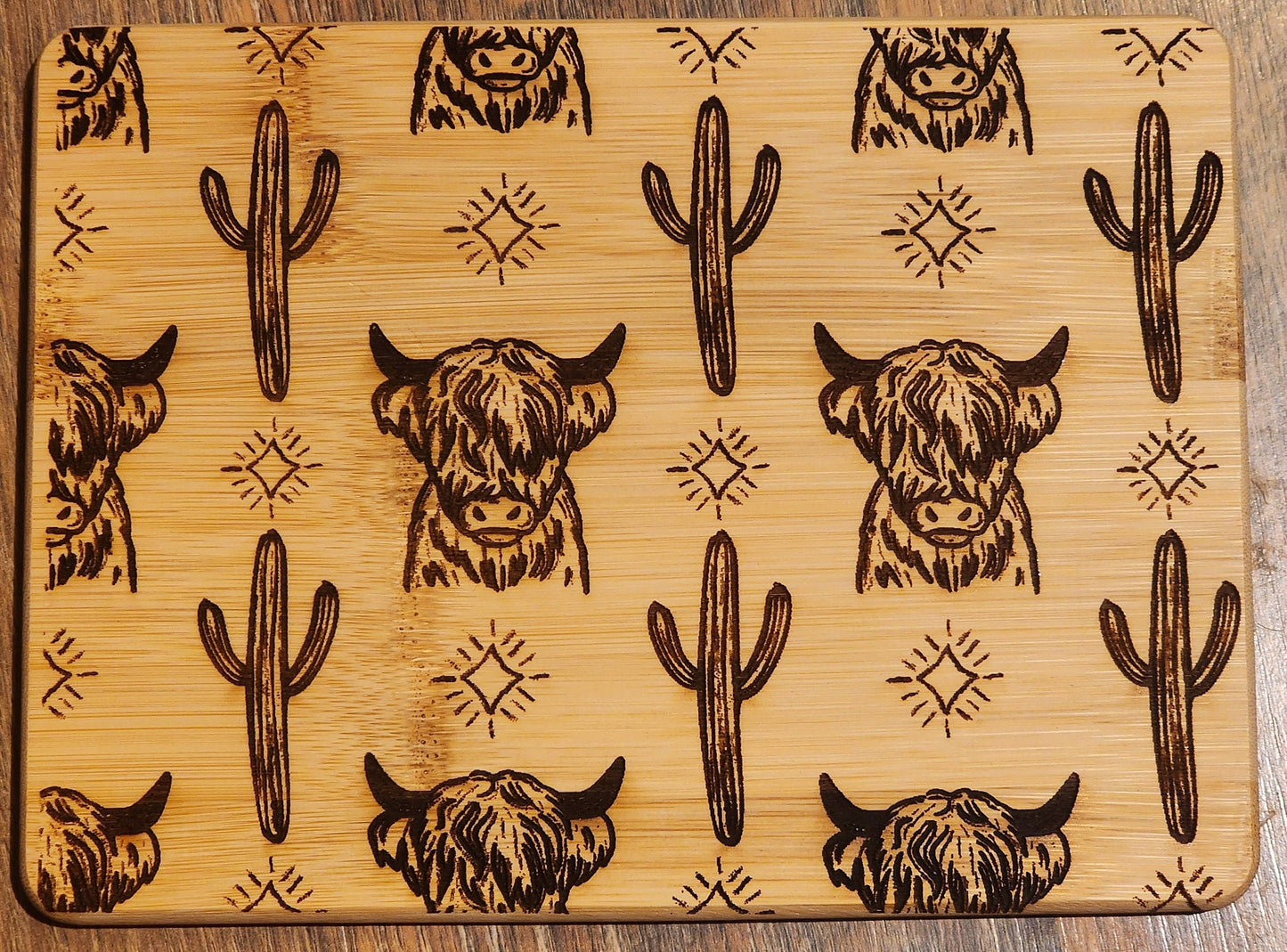 Highland Cow and Cactus, western, country etched Bamboo Wood Cutting Board  - 8.75 x 6.875 inches