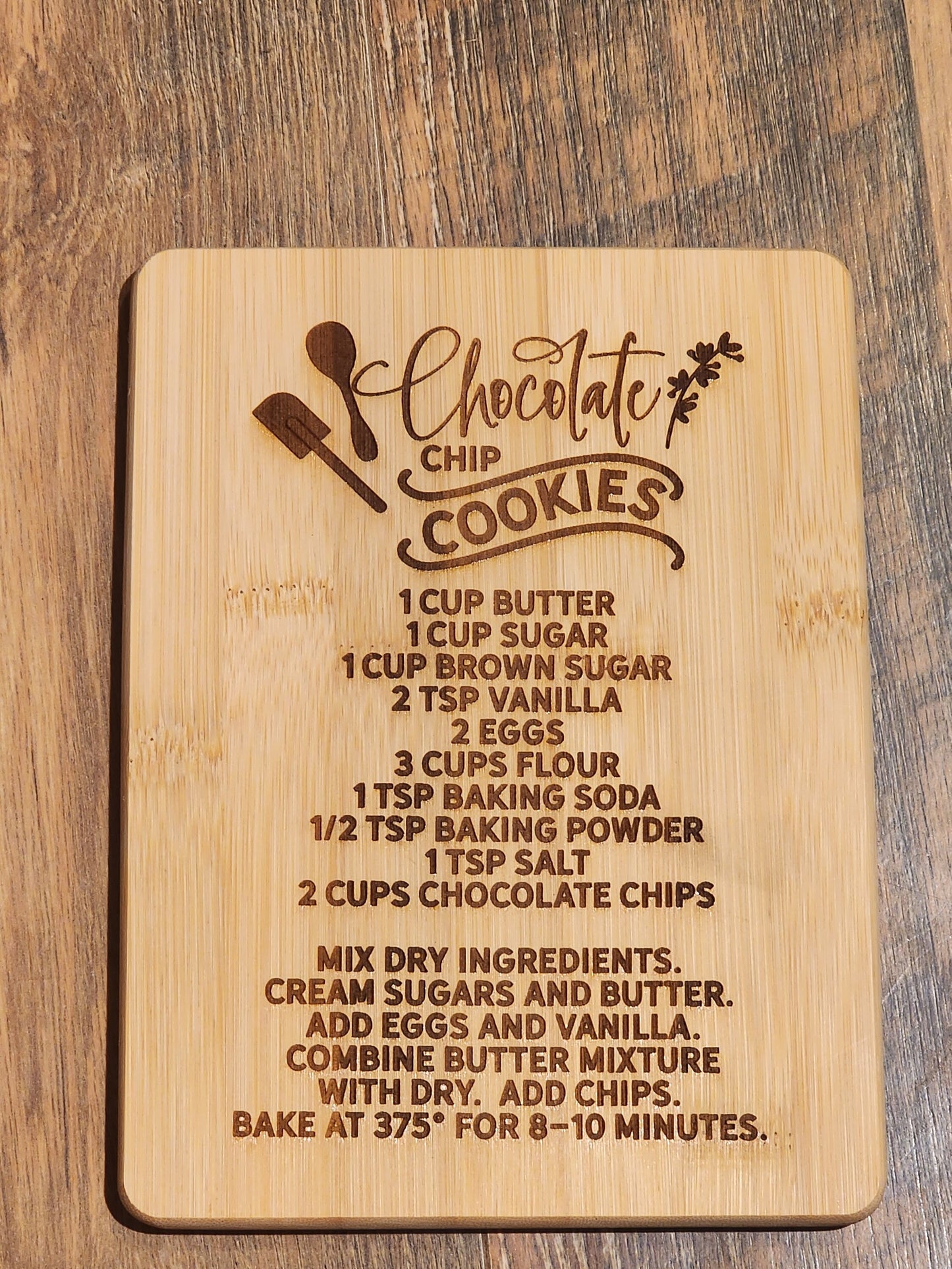 Chocolate Chip Cookies Recipe, country etched Bamboo Wood Cutting Board  - 8.75 x 6.875 inches