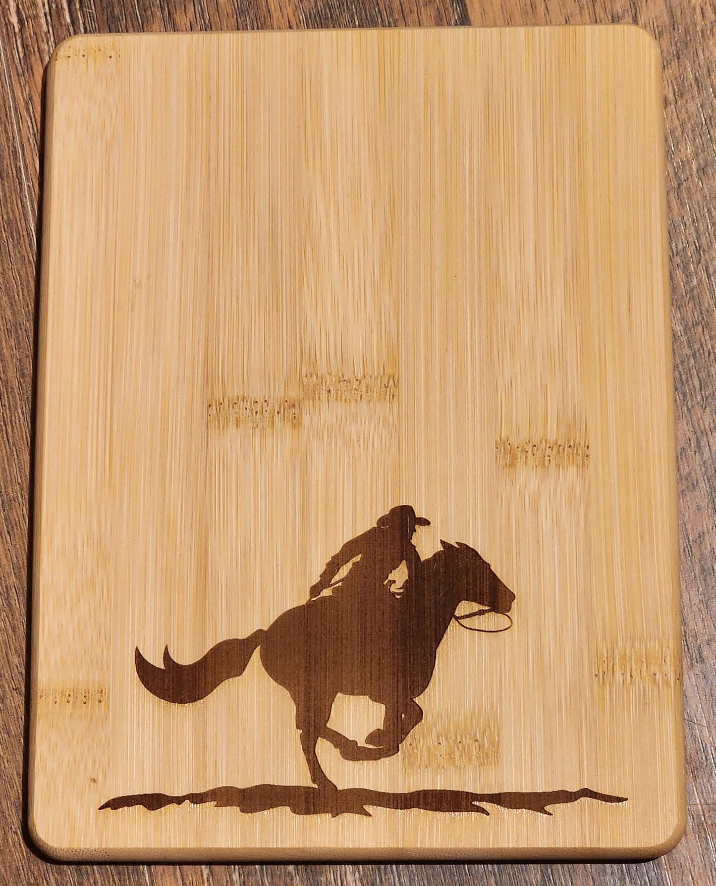 Running Cowboy and horse, western, country etched Bamboo Wood Cutting Board  - 8.75 x 6.875 inches