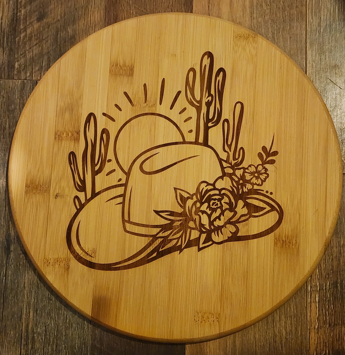 Western Cowboy, Cowgirl hat with roses and cactus, round circle cutting , serving board,