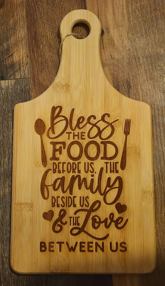 Bless this food bamboo cutting board, serving board, Christian Prayer