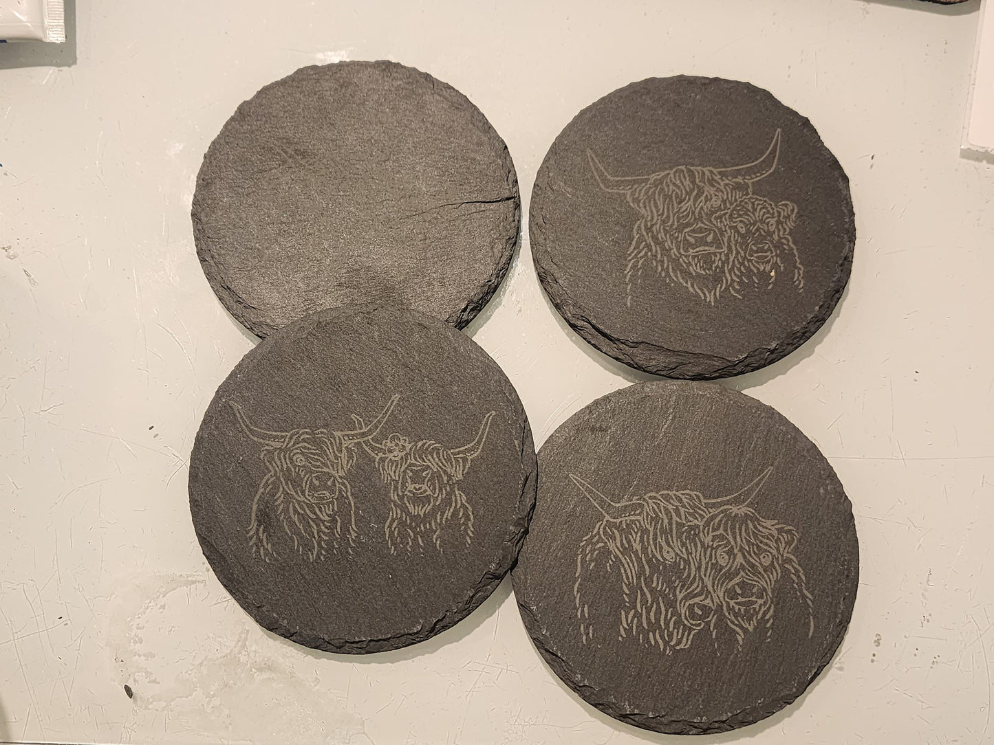 Highland cow etched Slate coasters, set of 4, four different designs