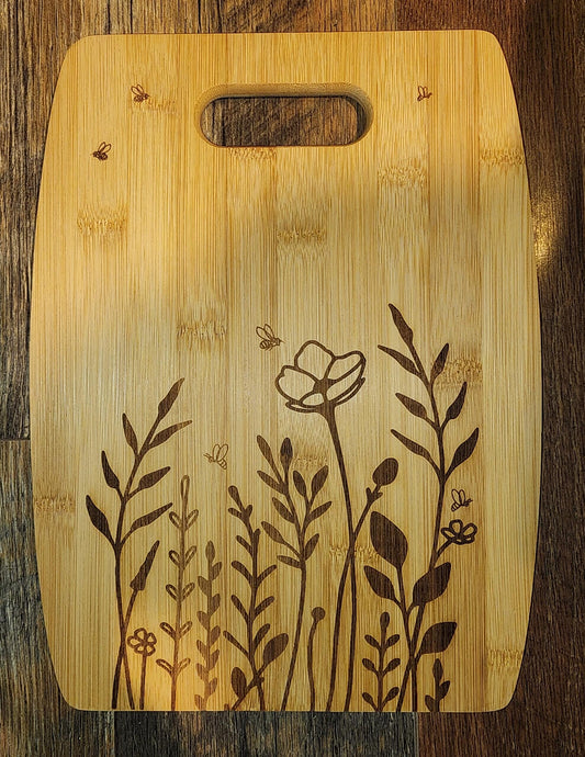 Wildflowers and Bees, Country, farm, western bamboo cutting board - Large Arc