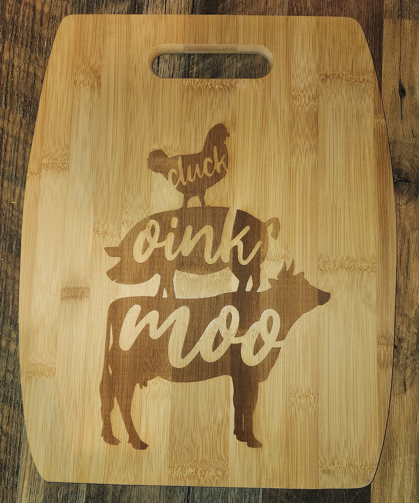 Livestock Animal, farm animal, cluck, chicken, oink, pig, moo, cow,  bamboo cutting board - Large Arc