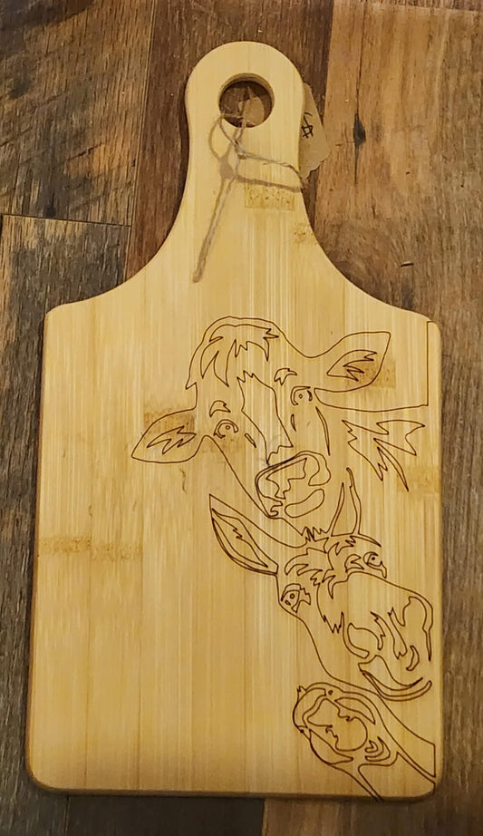 Peeking Cow, donkey, goose, cutting board, serving board, Bamboo Wine Bottle Shaped Cutting Board 13.5" X 7" X .43"