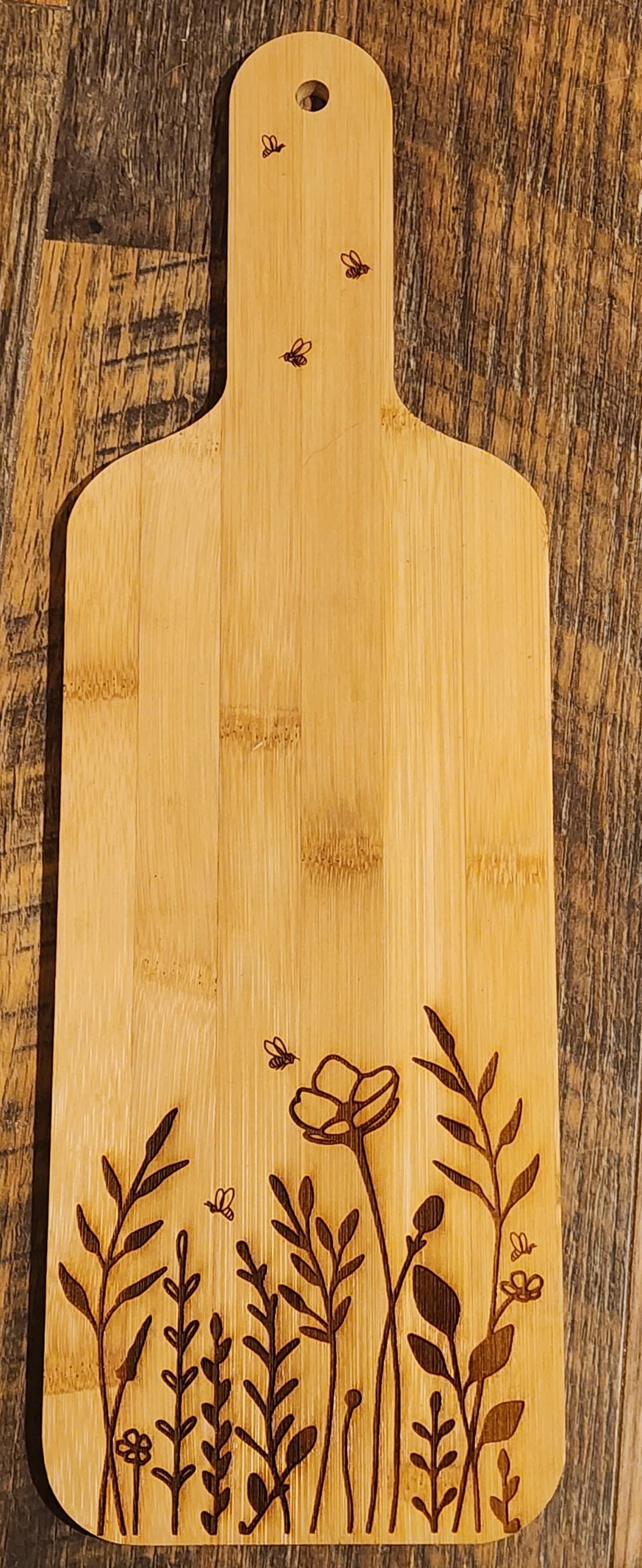 Bees and wild flowers, cutting board, serving board, Bamboo Paddle Serving Board